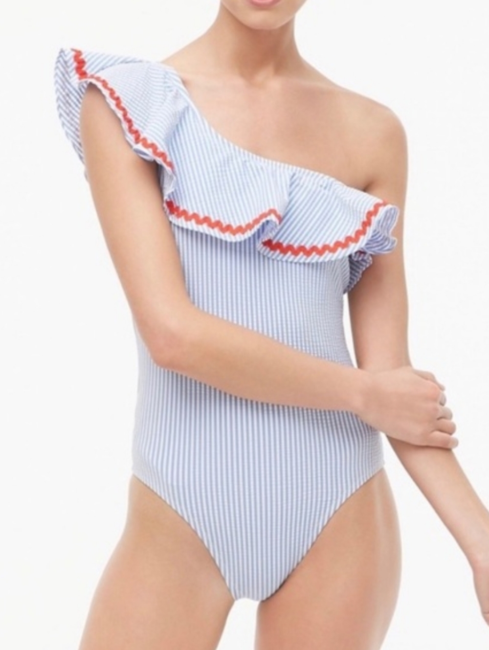 J. Crew One Shoulder Seersucker One Piece Swimsuit Size Medium